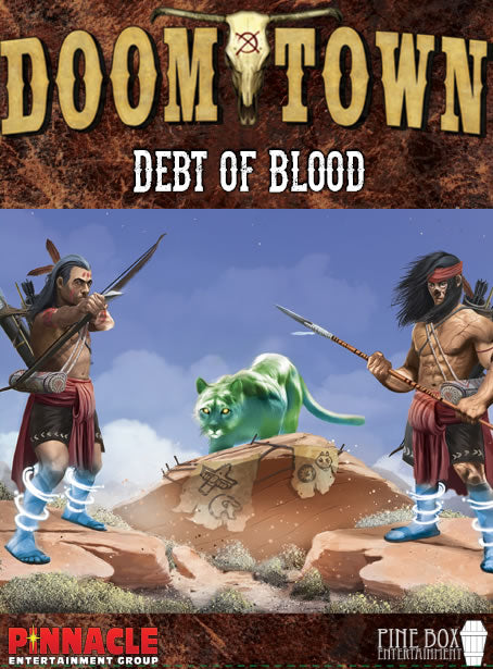 Two indiginous people with enchanted feet and calves ready their weapons with a mystical mountain lion stalking between them. "Doomtown Debt of Blood"