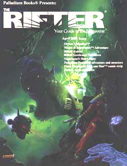 A figure lurks behind a rock as a spaceship scans the area. "The Rifter Your Guide to the Megaverse"