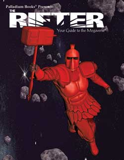 A soldier clad in a red, ancient Grecian soldier's armor drifts through a meteor field wielding a hammer. "The Rifter Your Guide to the Megaverse."