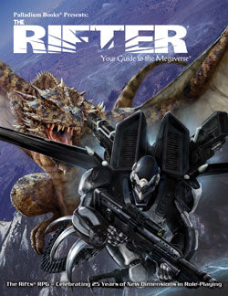 A winged monster squats on a mountain ready to follow an armed humanoid in a mechanical, winged black suit. "The Rifter Your Guide to the Megaverse."