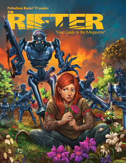 An armed, robotic group reaches for a female picking flowers in a glade. "The Rifter Your Guide to the Megaverse."