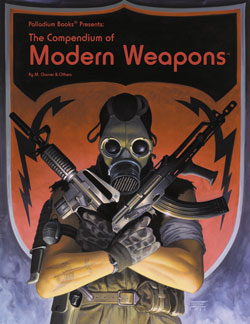 A man in military garb with a gas mask stands cross armed with two guns in his gloved hands."The Compendium of Modern Weapons."