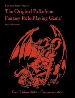 A 3-headed dragon engages in combat with a foe: a single fighter armed with a longsword uses his shield in effort to survive the dragon's fiery breath assault.  Cover reads: "The Original Palladium Fantasy Role-Playing Game".