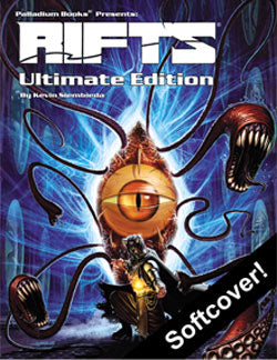 A large eye with toothy tentacles backs up an humanoid animal in a blue chamber room. "Rifts Ultimate Edition Softcover!"