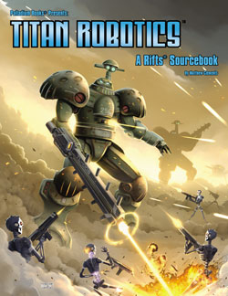 A giant robot shoots down tiny ones in its path. "Titan Robotics. A Rifts Sourcebook."