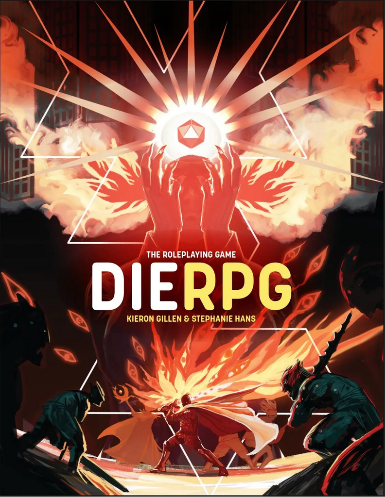 A die hovers above the hands of a humanoid figure. Below a figure fights four forms with a power resembling fire. "The roleplaying game DIE RPG Kieron Gillen and Stephanie Hans."