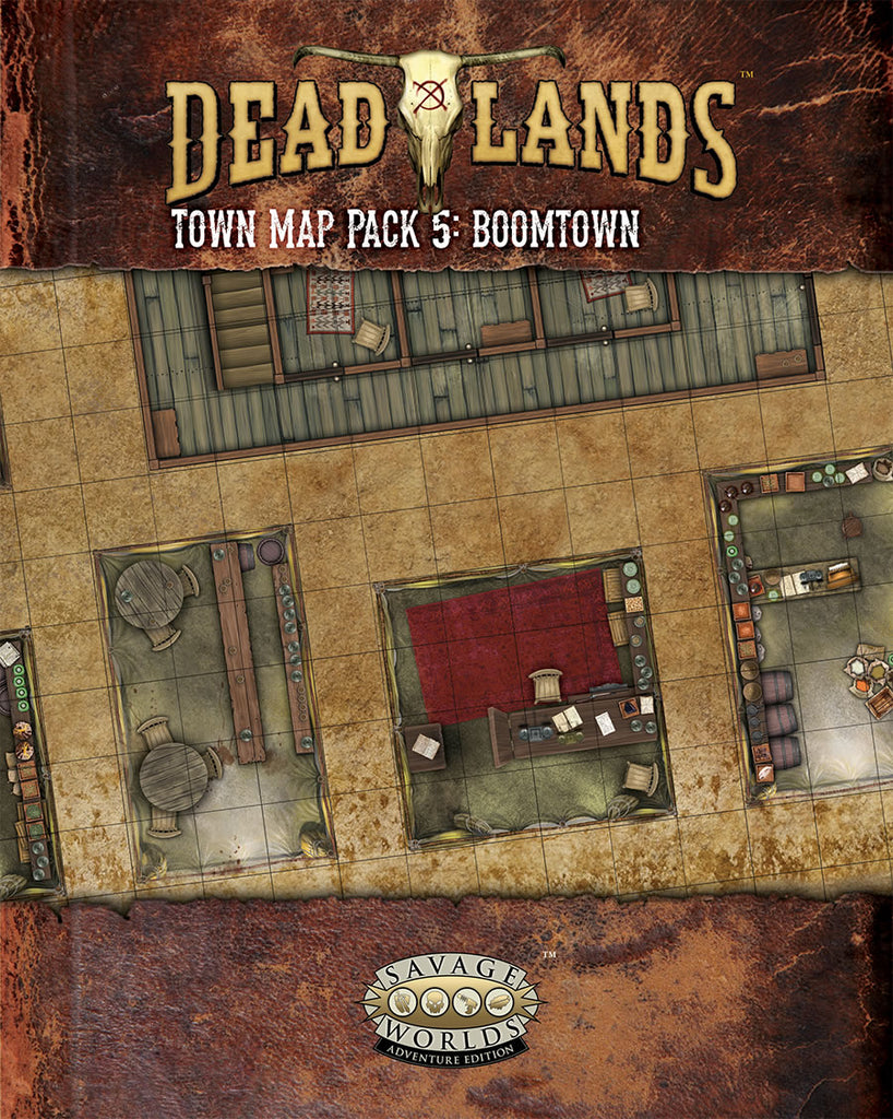 A map of the inside of buildings in a town. "Dead Lands Town map pack 5: Boomtown."