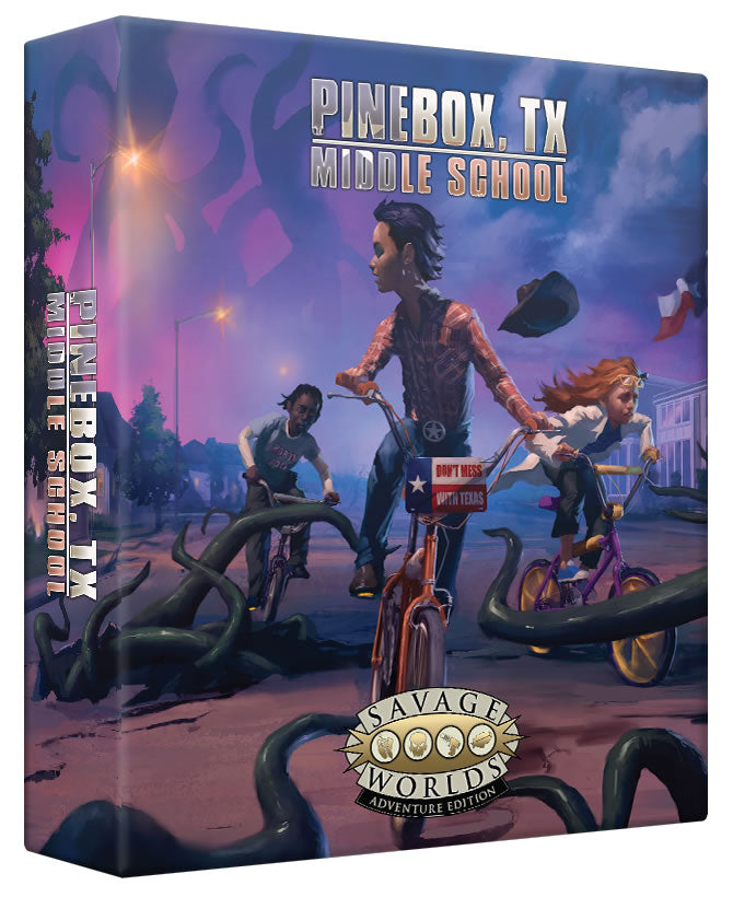 Offset picture of the box set featuring three middle school age kids racing down a town street while dodging black tentacles that are breaking through the pavement with a humungous tentacle monster rising into the sky in the background. Cover reads: Pinebox TX Middle School, Savage Worlds Adventure Edition