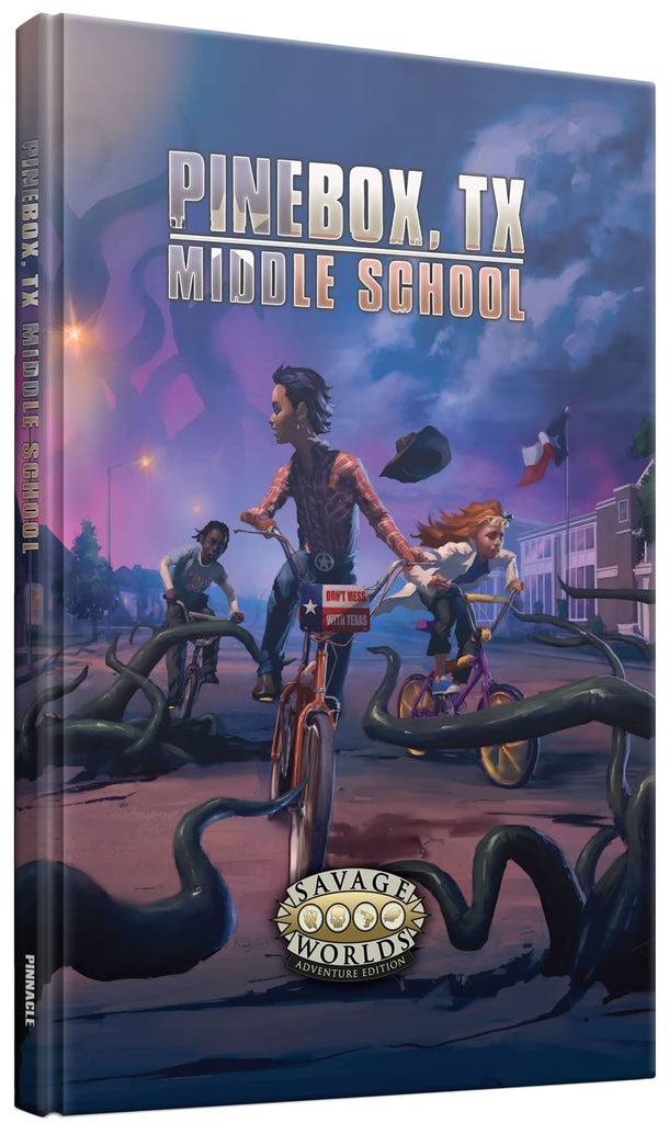 Offset picture of the book featuring three middle school age kids race down a town street while dodging black tentacles that are breaking through the pavement with a humungous tentacle monster rising into the sky in the background. Cover reads: Pinebox TX Middle School, Savage Worlds Adventure Edition