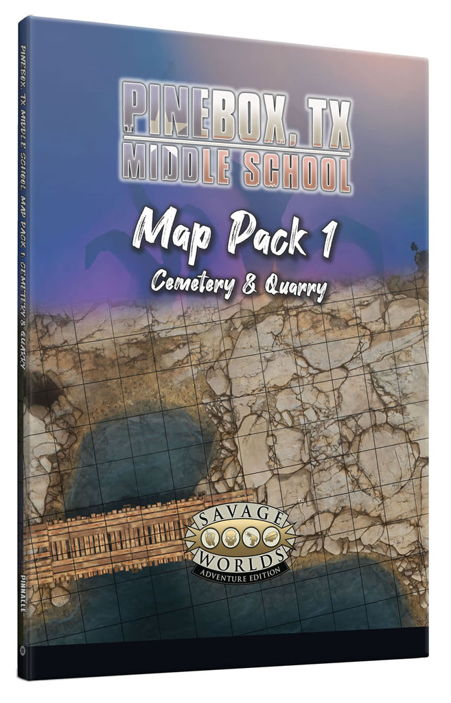 A cropped image of the Quarry map featuring rocky outcroppings, a rough plank bridge and a water resevoir. Cover reads: Pinebox TX Middle School, Map Pack 1, Cemetery & Quarry