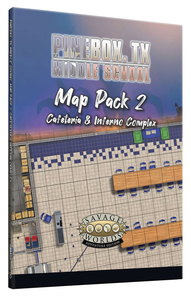 A cropped image of the Cafeteria map featuring rows of tables & chairs, checkout, and garbage drop off. Cover reads: Pinebox TX Middle School, Map Pack 2 , Cafeteria & Inferno Complex