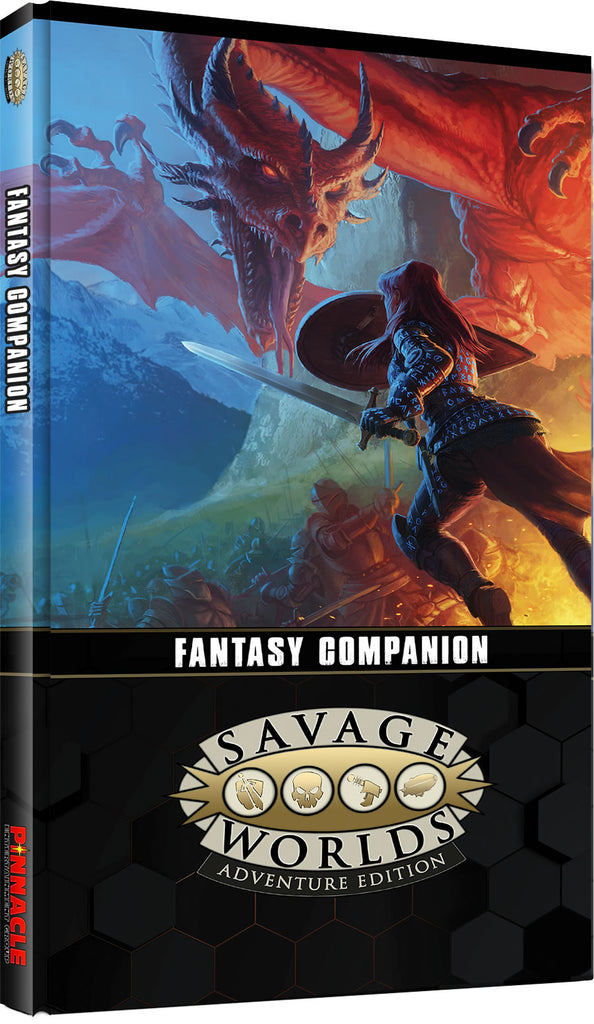 An armored woman with a sword and shield runs towards a red dragon through a field of battle. Text reads, "Fantasy companion savage worlds adventure edition."