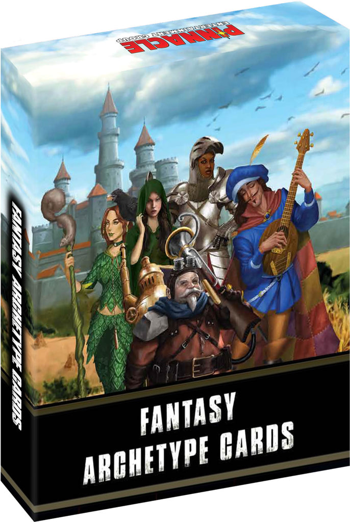 5 adventurers stand in a field in front of a castle. Text reads, "Fantasy Archetype Cards."