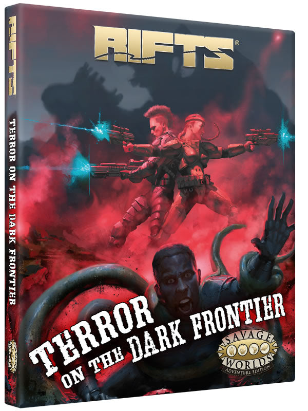 Angled shot of the box set featuring tow heavily armoured sci-fi soldiers standing back to back while laying down heavy fire with a thire trooper being ensnared by slimy green tentacle in the foreground. Cover reads: RIFTS, Terror on the Dark Frontier