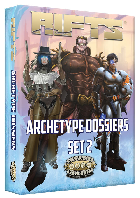 A 4-armed gun& sword toting cowgirl robot, a giant muscled fighter in bug like spiky carapace armor and a human space trooper with a cybernetic eye pose on the box cover. Cover reads: RIFTS, Archetype Dossiers Set 2