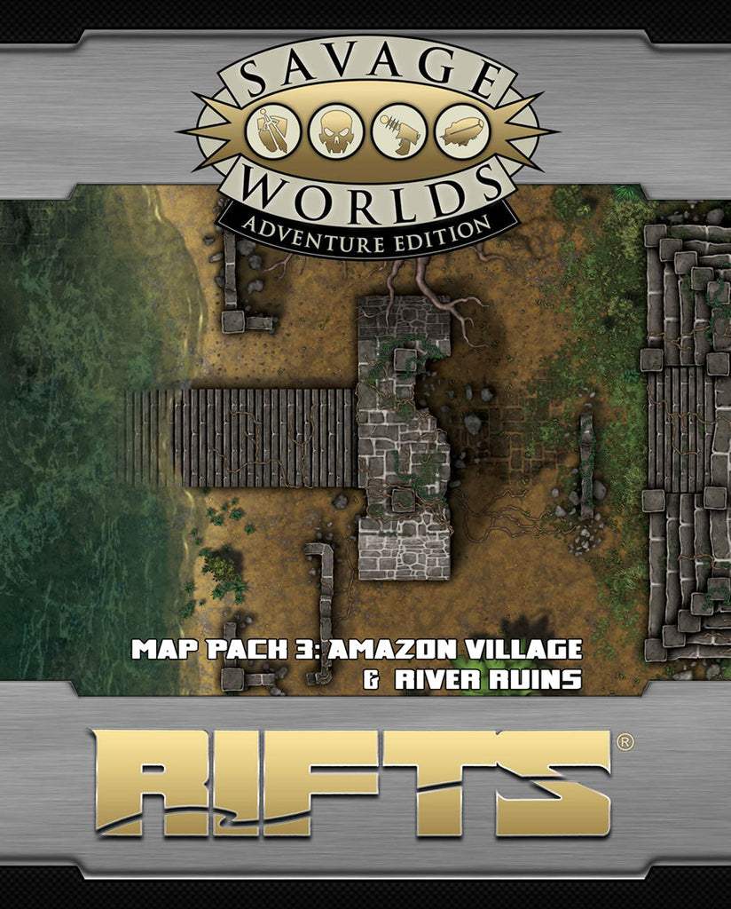 Cropped image of the River Ruins map featuring a broken down stone village and riverfront with a  dock. Cover reads: Savage Worlds Adventure Edition, Map Pack 3, Amazon Village & River Ruins, RIFTS