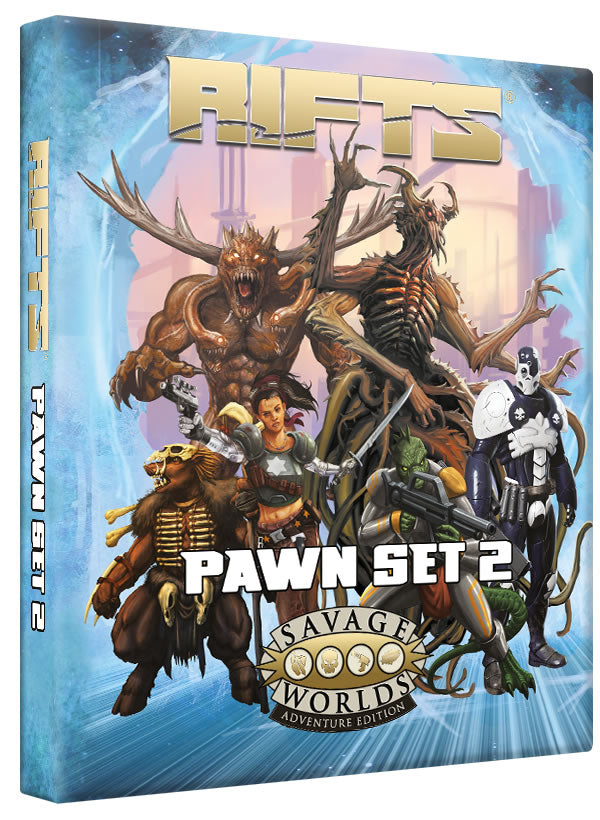 Multiple heroes and monsters stand ready for action featuring an armoured Coalition commando, a lizard man with a laser rifle, a female human  with a pistol a sword,  a a bi-pedal wharthog person clad in furs and bone armor, a giant bug/plant creature with vines/tentacles.and a giant demon. Cover reads: RIFTS, Pawn Set 2, Savage Worlds Adventure Edition