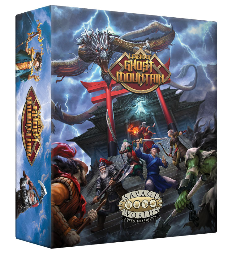 Angled view of the set box featuring 5 Armed warriors gather for battle on the steps of a mountain temple. Cover reads: Legend of Ghost Mountain, Savage Worlds Adventure Edition