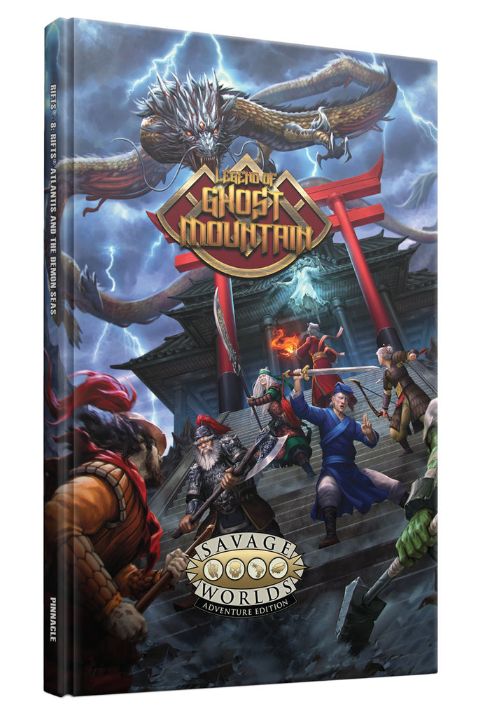 Angled view of the book cover featuring 5 Armed warriors gather for battle on the steps of a mountain temple. Cover reads: Legend of Ghost Mountain, Savage Worlds Adventure Edition