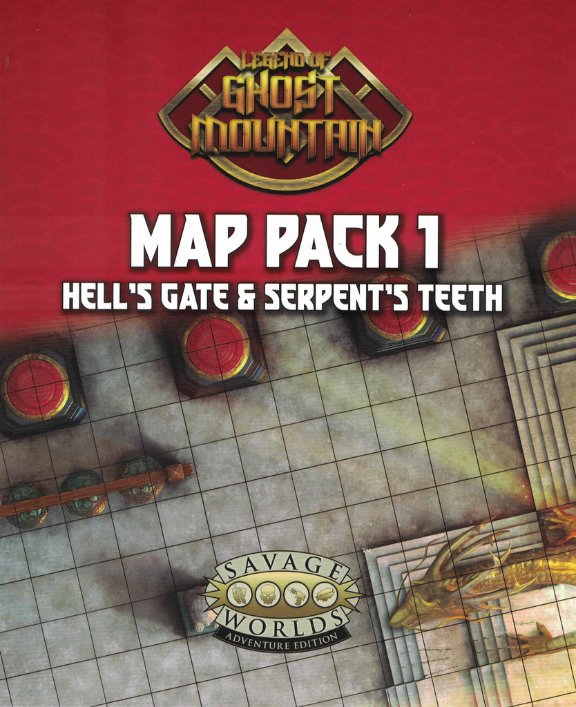 A cropped image of the Hell's Gate map featuring  large columns and a golden dragon. Cover reads: Legend of Ghost Mountain, Map Pack 1, Hell's Gate & Serpent's Teeth