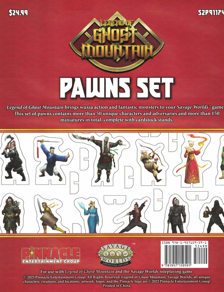 A cropped image of one of the punch board sheets featuring multiple characters and enemies from Legend of Ghost Mountain. Cover reads: Legend of Ghost Mountain, Pawn Set