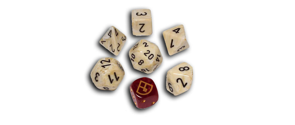 A light tan with white swirls and black numbers 7 die set of dice featuring a D20, a D12, a D10, a D8, a D6, a D4 and a red with gold pips  D6 Wild Die with the Ghost Mountain symbol on the 6. 