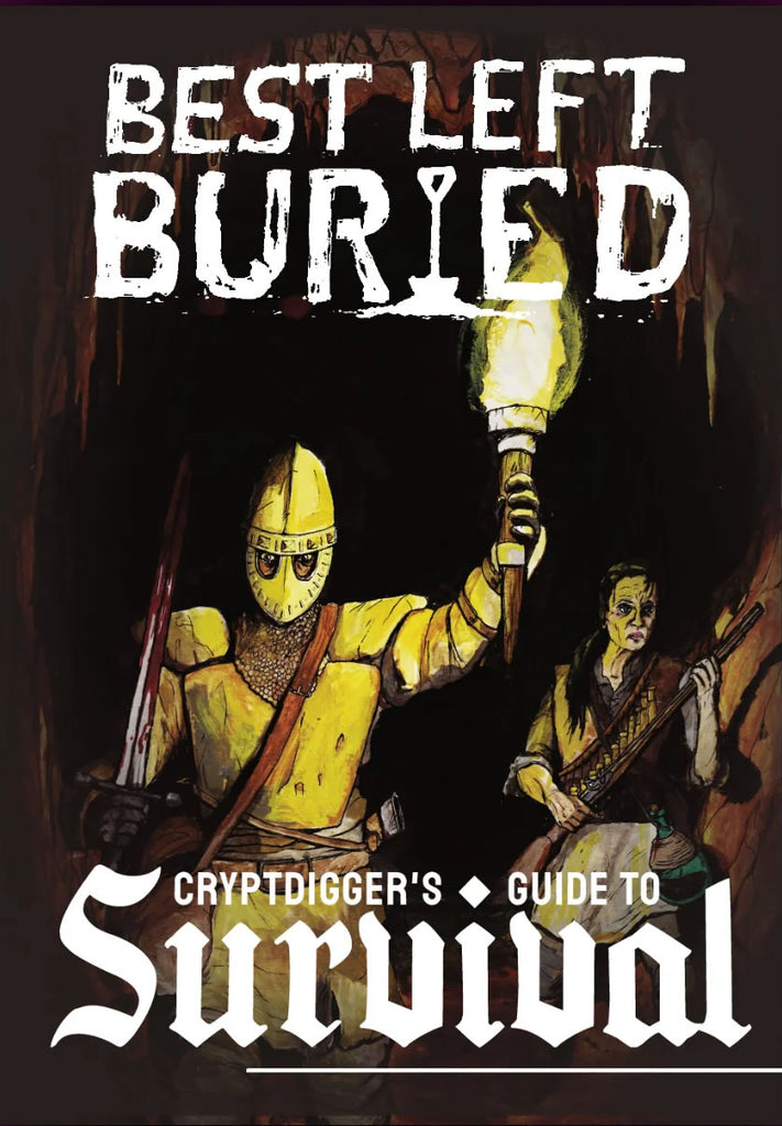 Armored adventurer with bloody sword and torch lights the cave with a woman with a shotgun following. Text reads, "Best left buried. Cryptdigger's Guide to Survival."