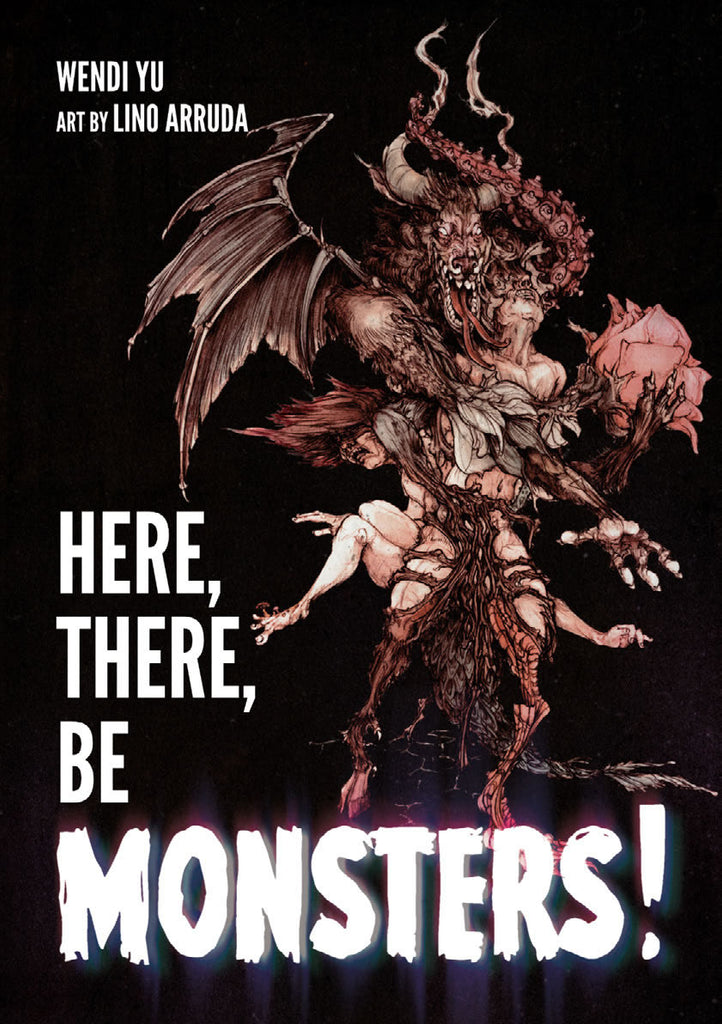 A winged and tentacled monster wraps around humanoids, transforming them. Text reads, "Here, There, Be Monsters!"