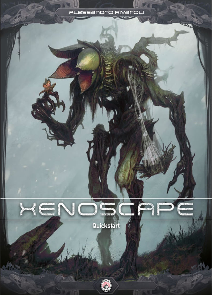 A plant-like alien with a budding flower face and branch-like limbs stands in a shrouded forest.  title reads "Xenoscape Quickstart".