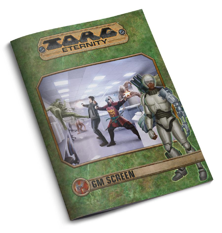 Two adventurers fight an onslaught of monsters in a white lab. A part mech soldier stands in foreground. "Torg Eternity GM Screen."