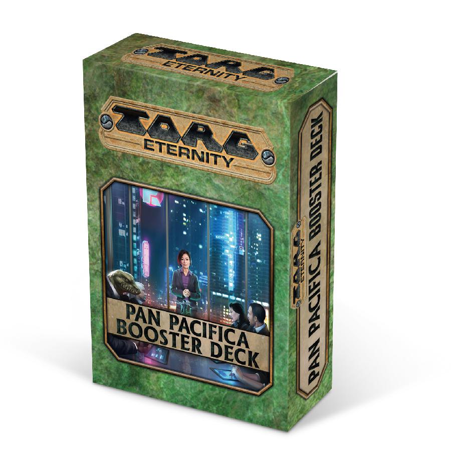Woman  makes a presentation to a board room of humanoids. "Torg Eternity Pan Pacifica Booster Deck."