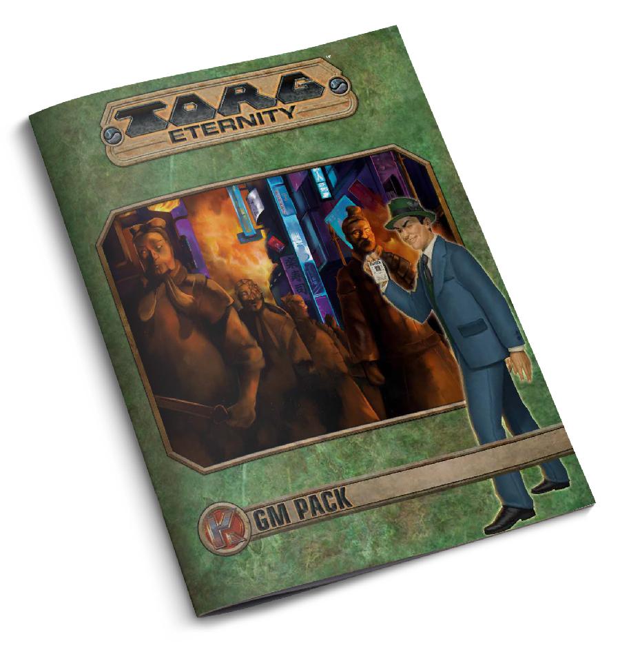 Bronze colored figures stand in the streets of a neon city. A man holding his badge stands in the foreground. "Torg Eternity GM Pack."