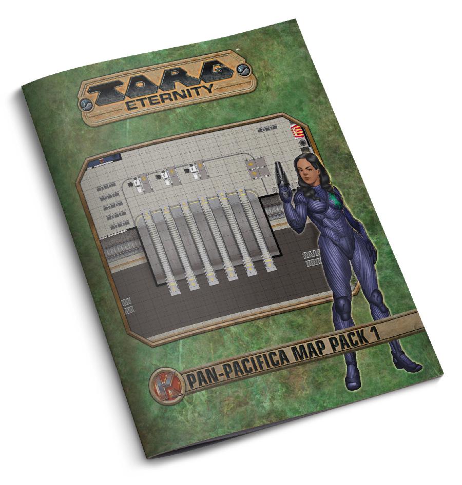 A grided map with an armored woman with a gun in the foreground. "Torg Eternity Pan-Pacifica Map Pack 1"