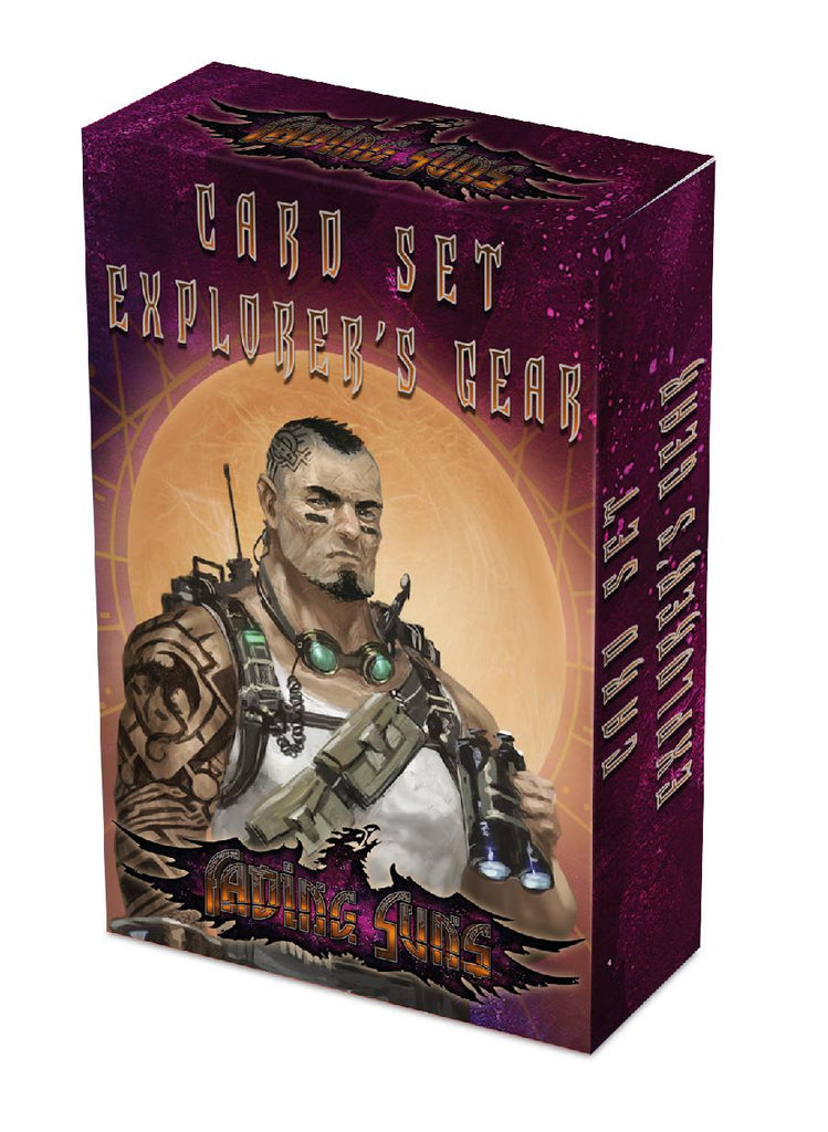 A stern looking survivor type has shaved head with tribal tatoos covering the right side of his head and full arm sleeve.  He is holding binoculars and wearing a utility belt, eye goggles and backpack with antenna visible. Cover reads: "Card Set: Explorer's gear"