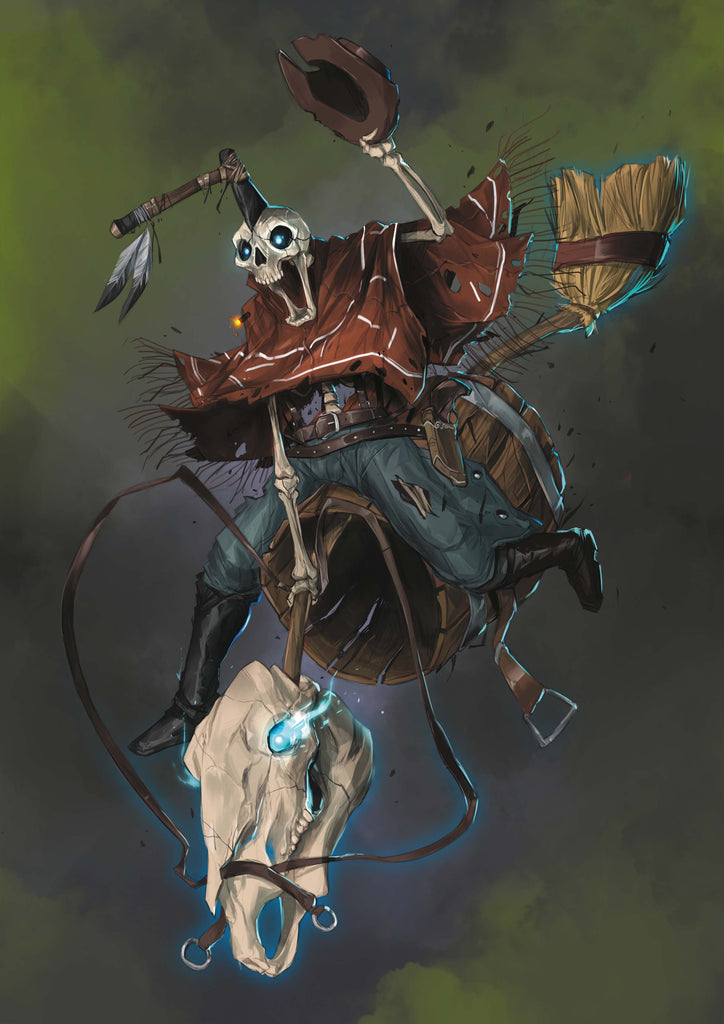An undead skeleton in a poncho rides a steed made from a large animal skull, a barrel, and a broom.