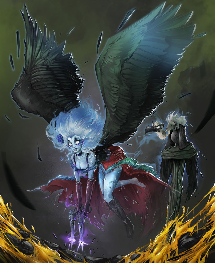 An undead, glowing woman with large wings shoots enchanted pistols downward as a vulture scowls behind her.