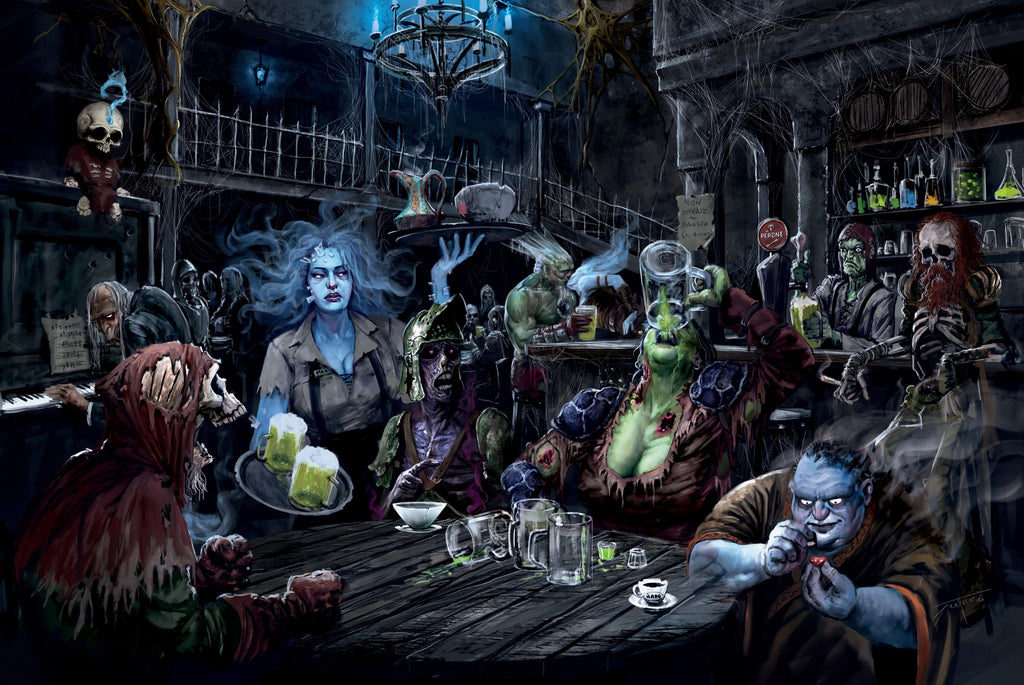 A bustling tavern filled with the undead.