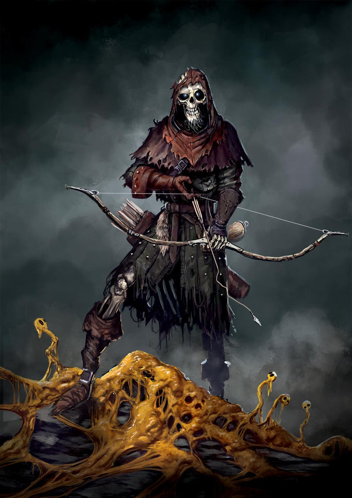 A smirking awoken skeleton knocks a bent arrow while standing on yellow slime.
