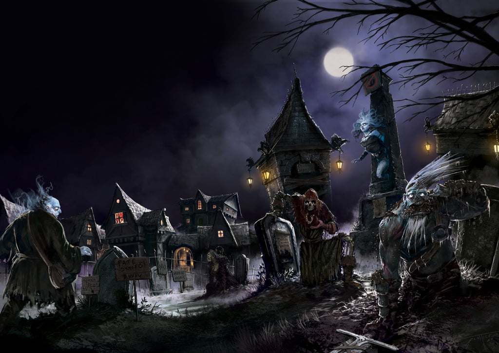 A cemetery in a town with skeletal, spirit, and zombie creatures awakening from the graves.