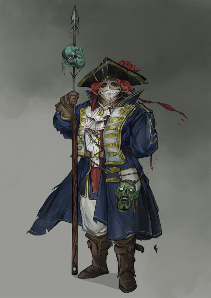 An awoken scarecrow in Enlightenment era soldier's clothes smiles while holding a spear with a green head skewered upon it.