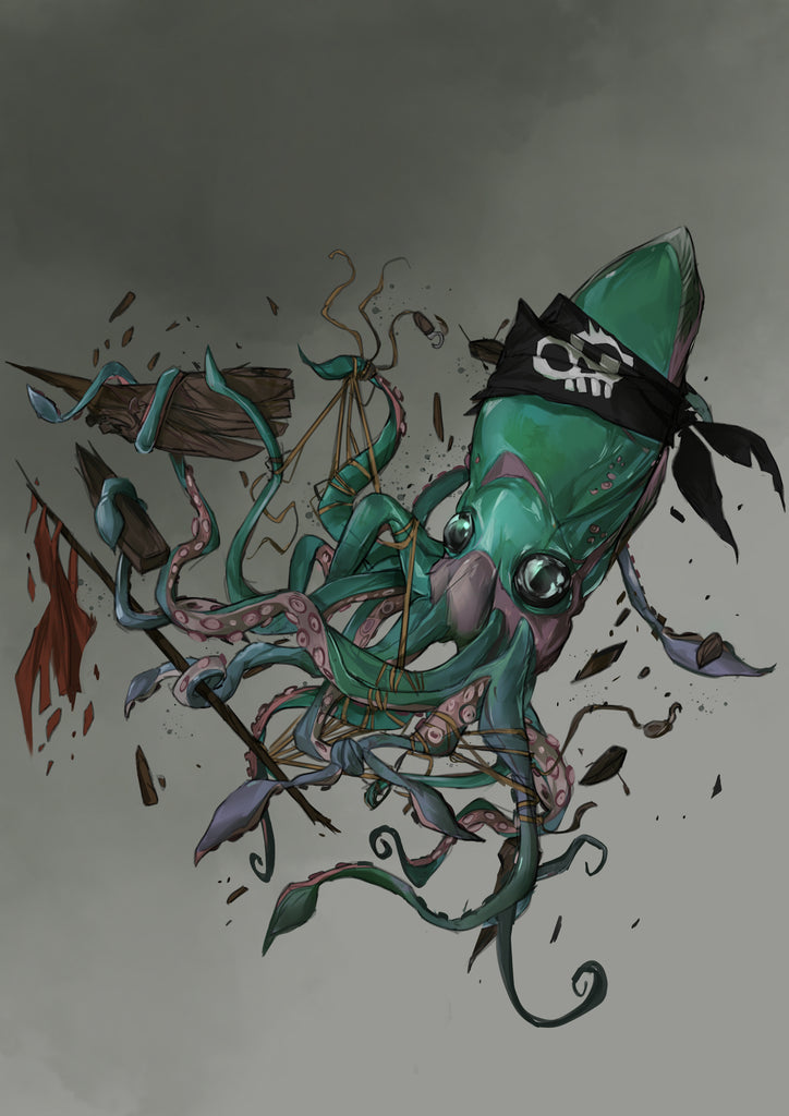 A squid with a pirate bandana holds pieces of wood and rope.