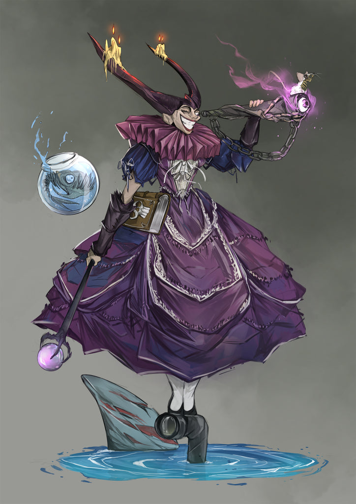 A horned, smiling mage in an absurd Elizabethan purple dress looks across the water using a spyglass while a sea creature in a small bowl floats beside. 