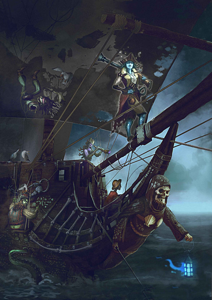 An undead pirate crew sails the sea.