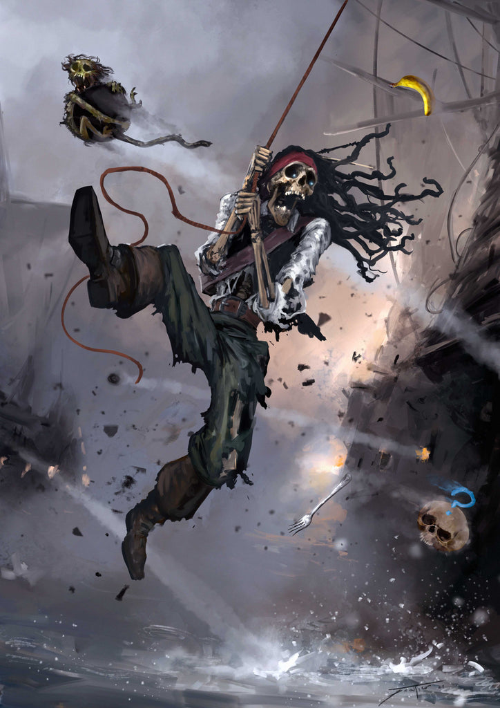 An undead skeletal pirate cowers on a rope, swinging away from a ship at war as debris, a skull with a question mark above its head and a monkey on a cannon ball explode away with him.