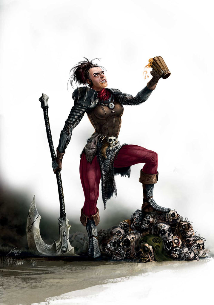 An adventurer stands with her boot on a pile of skulls as she weilds a greataxe in one hand and a mug of a yellow liquid in the other.