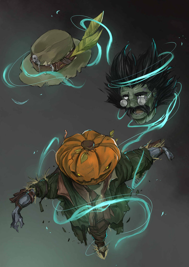A feathered hat, a decapitated head, and a pumpkin-headed scarecrow are swirled with magical energy. 