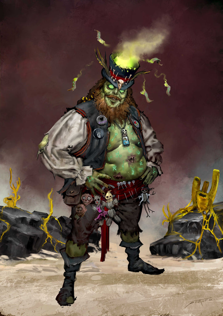 A green, undead shaman with a glowing green cauldron hat poses on a beach.