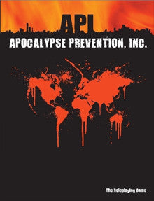 The shadow of a city skyline stands out against a sky of flame.  A splotchy orange red map of the continents drips in contrast against the black background. Cover reads: API: Apocalypse Prevention, Inc.".