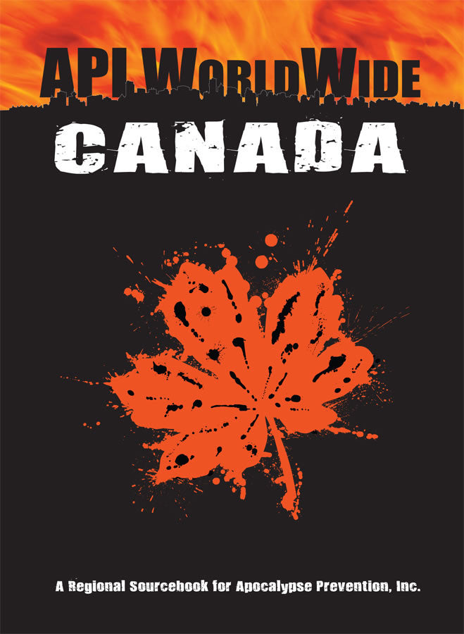 The shadow of a city skyline stands out against a sky of flame.  A splotchy Maple Leaf in amber fills the black background. Cover reads: API World Wide Canada".