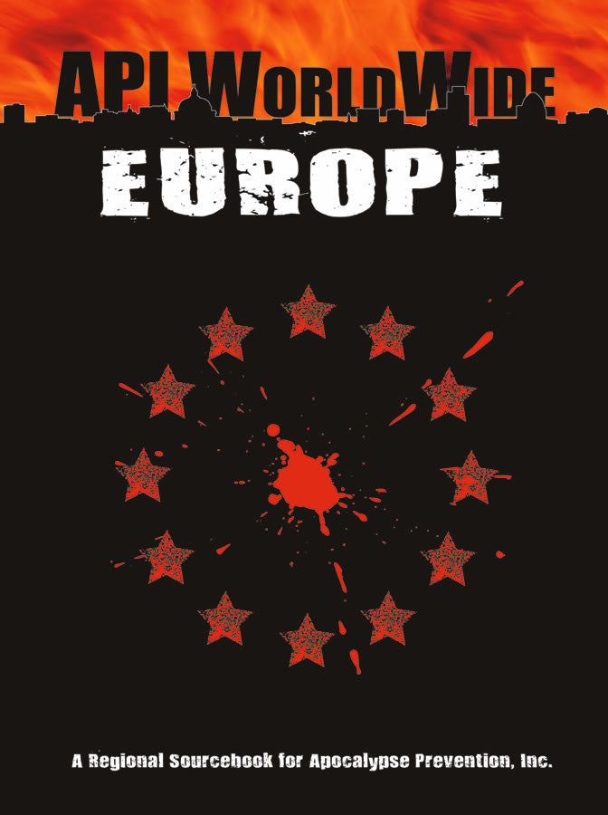 The shadow of a city skyline stands out against a sky of flame.  A splatter of orange red hits in the middle of the European Union flag filling the black background. Cover reads: API World Wide Europe".